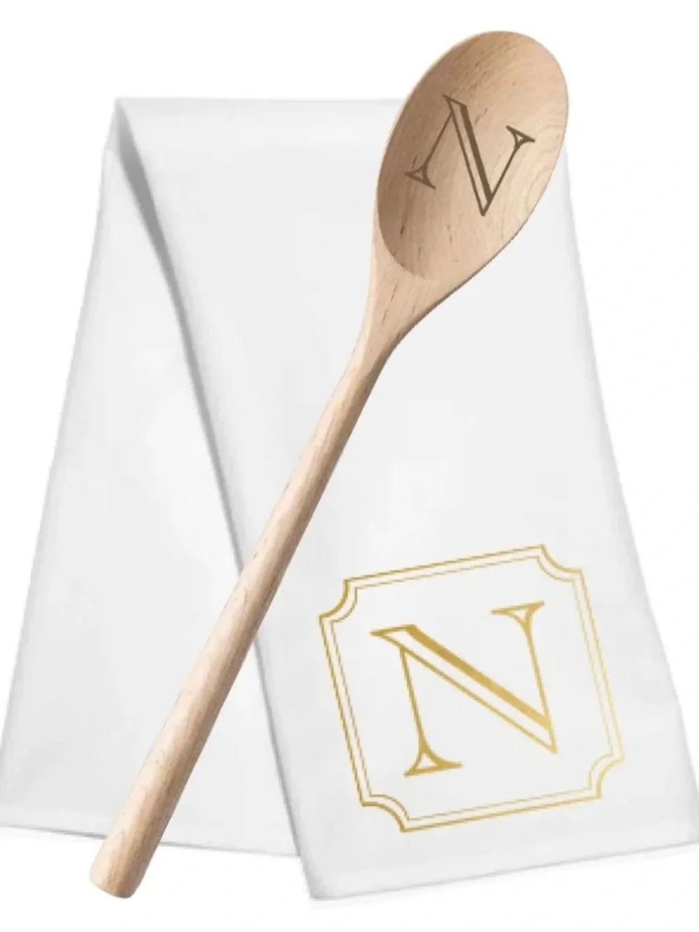 Mary Square White Monogram “N” Napkin Set with Wooden spoon